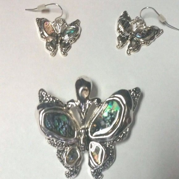 Butterfly Silver & Abalone Shell Metal Pendant Necklace Earrings Set 107AA - Picture 1 of 2